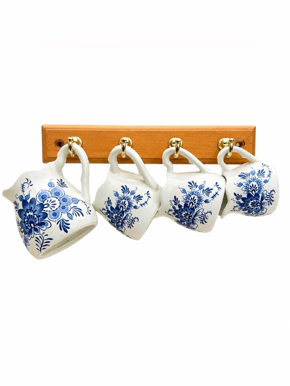 Vintage Delft Blue Ceramic Measuring Cups Wall Rack Set Farmhouse Cottage Decor